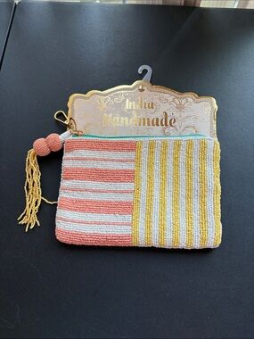 India Handmade Beaded Stripe Clutch - Coral & Yellow
